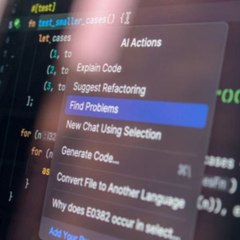 A pop-up window shows AI options on a computer screen of code.
