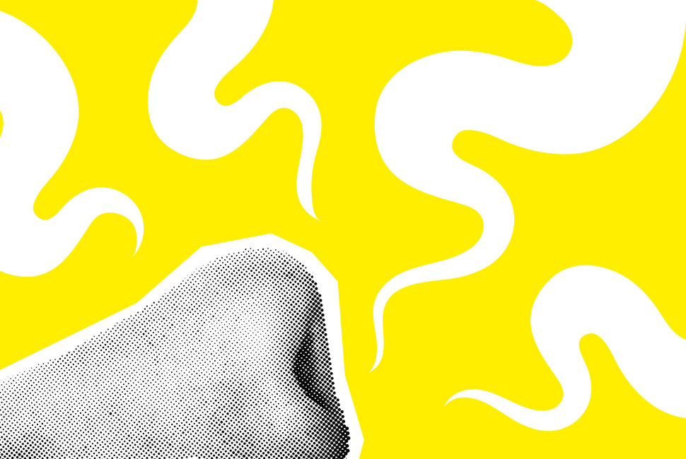 A graphic of a nose on a yellow background with white swirls that resemble aromas.